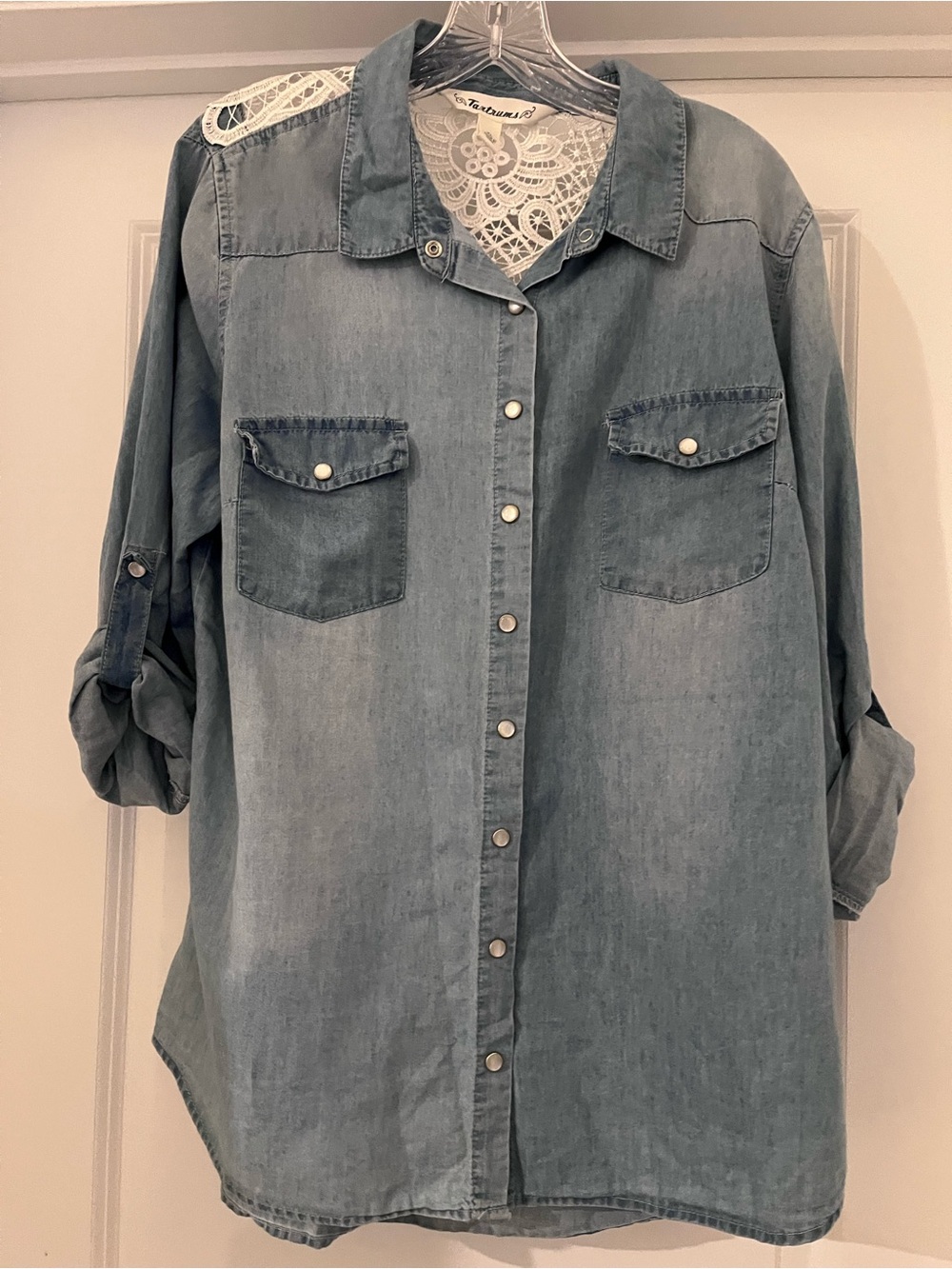 Tantrums Light Wash Chambray Shirt with White Lace Yoke